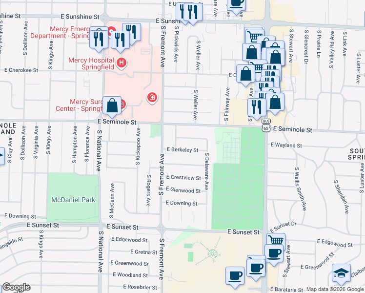 map of restaurants, bars, coffee shops, grocery stores, and more near 1443 East Berkeley Street in Springfield