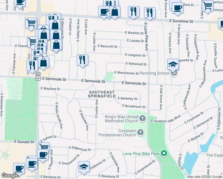 map of restaurants, bars, coffee shops, grocery stores, and more near 2227 South Marlan Avenue in Springfield