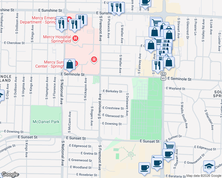 map of restaurants, bars, coffee shops, grocery stores, and more near 1443 East Berkeley Street in Springfield