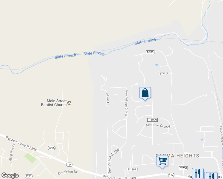 map of restaurants, bars, coffee shops, grocery stores, and more near 2055 New Village Drive Northwest in Christiansburg