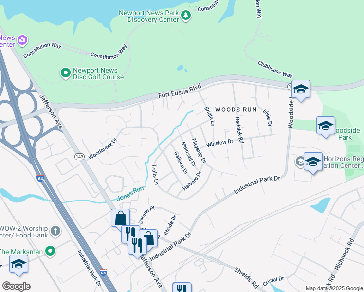 map of restaurants, bars, coffee shops, grocery stores, and more near 731 Mainsail Drive in Newport News