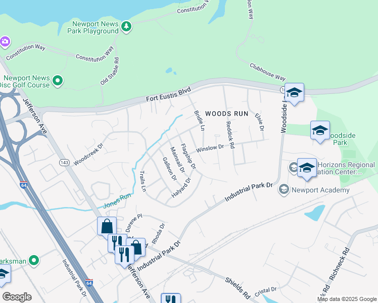 map of restaurants, bars, coffee shops, grocery stores, and more near 734 Flagship Dr in Newport News