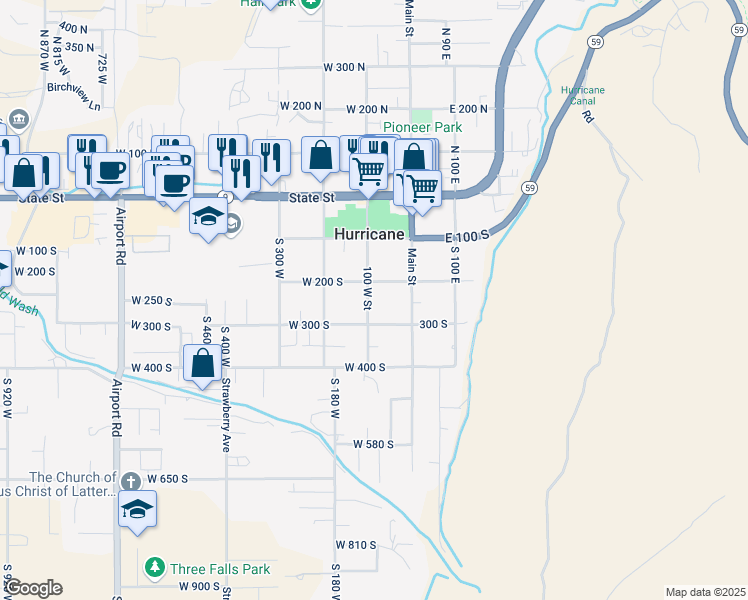 map of restaurants, bars, coffee shops, grocery stores, and more near 237 South 100 West in Hurricane