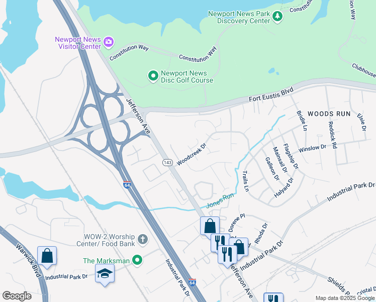 map of restaurants, bars, coffee shops, grocery stores, and more near 13419 Oakleaf Court in Newport News