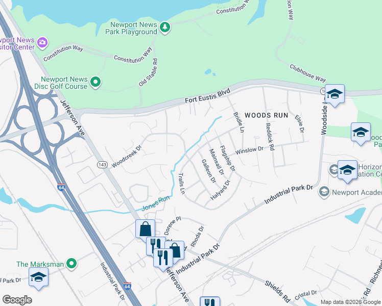 map of restaurants, bars, coffee shops, grocery stores, and more near 735 Trails Lane in Newport News