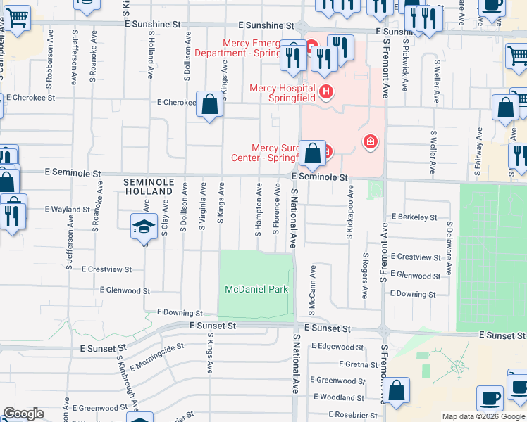map of restaurants, bars, coffee shops, grocery stores, and more near 2256 South Hampton Avenue in Springfield