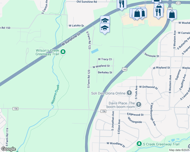 map of restaurants, bars, coffee shops, grocery stores, and more near 2349 South Orchard Crest Avenue in Springfield