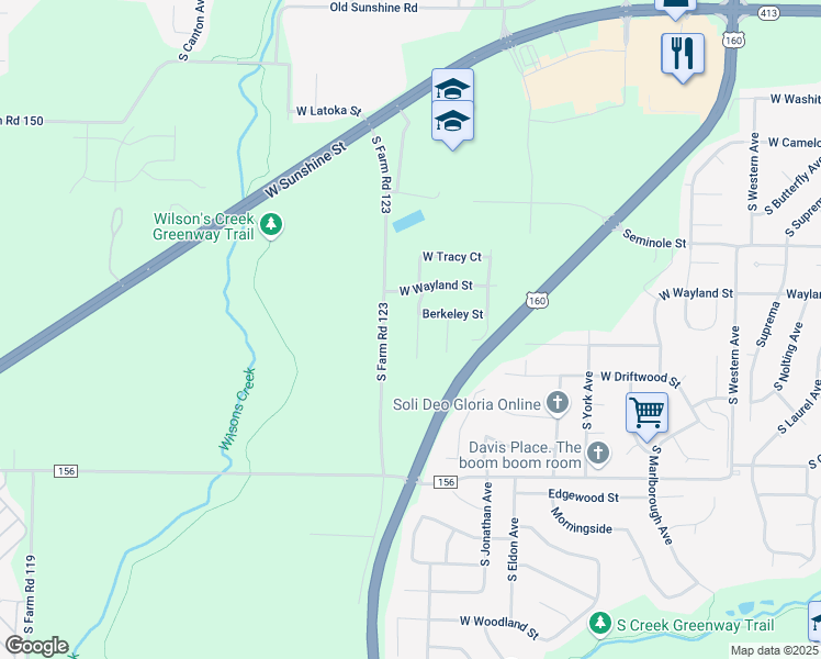 map of restaurants, bars, coffee shops, grocery stores, and more near 2349 South Orchard Crest Avenue in Springfield