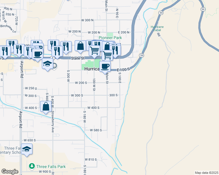 map of restaurants, bars, coffee shops, grocery stores, and more near 231 Main Street in Hurricane