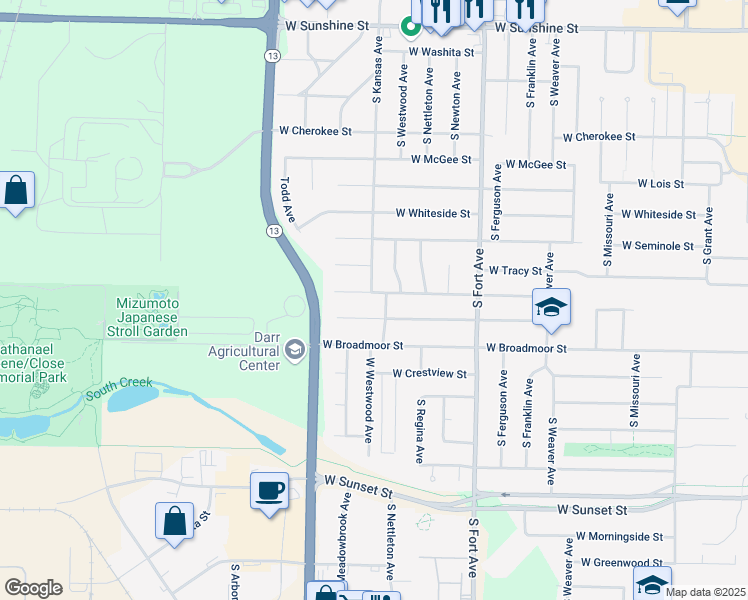 map of restaurants, bars, coffee shops, grocery stores, and more near 1560 West Wayland Street in Springfield