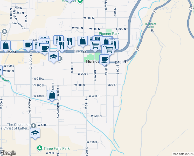 map of restaurants, bars, coffee shops, grocery stores, and more near 237 South 100 West in Hurricane