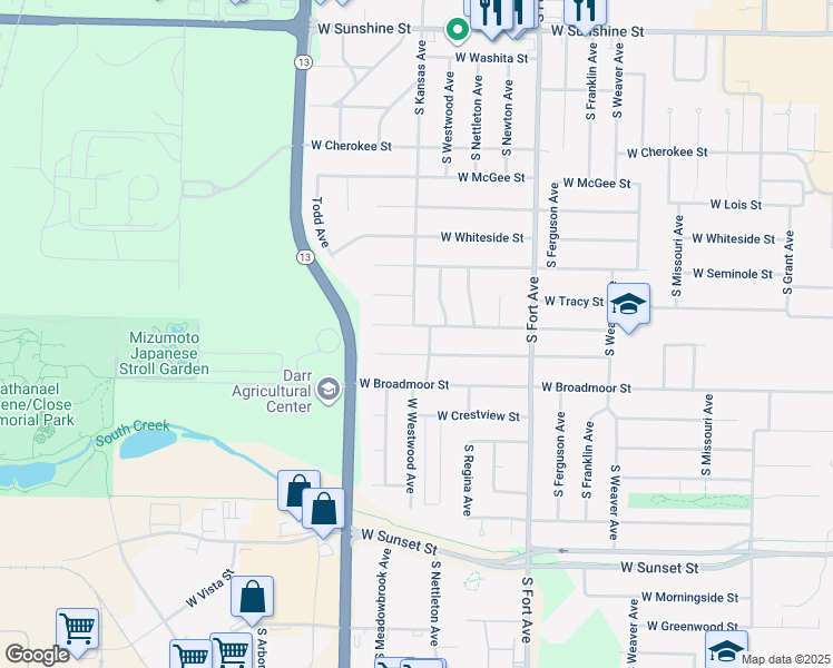 map of restaurants, bars, coffee shops, grocery stores, and more near 1560 West Wayland Street in Springfield