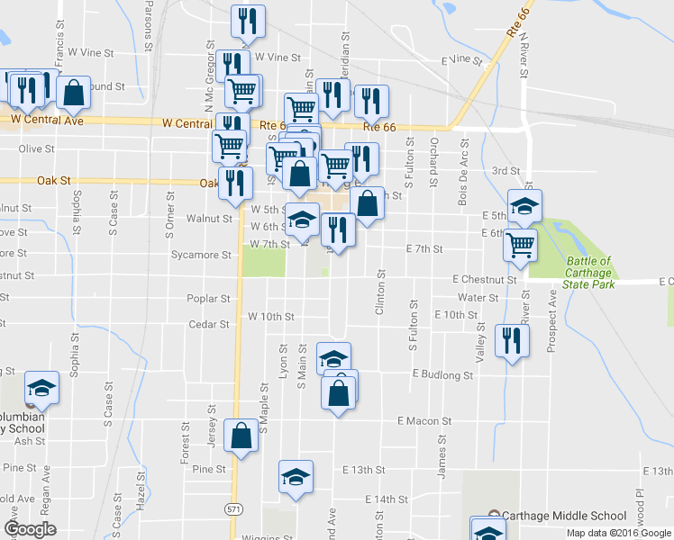 map of restaurants, bars, coffee shops, grocery stores, and more near 205 East Chestnut Street in Carthage
