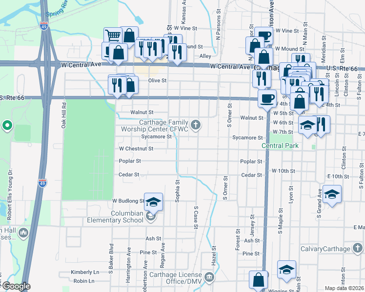 map of restaurants, bars, coffee shops, grocery stores, and more near 827 West Chestnut Street in Carthage