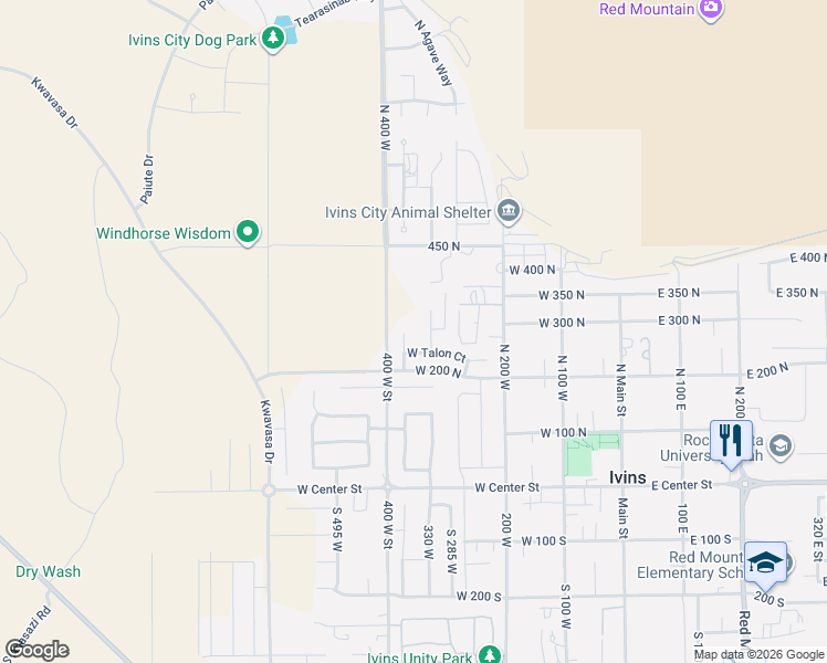 map of restaurants, bars, coffee shops, grocery stores, and more near 278 North Falcon Court in Ivins
