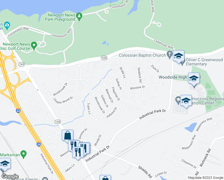 map of restaurants, bars, coffee shops, grocery stores, and more near 739 Flagship Drive in Newport News