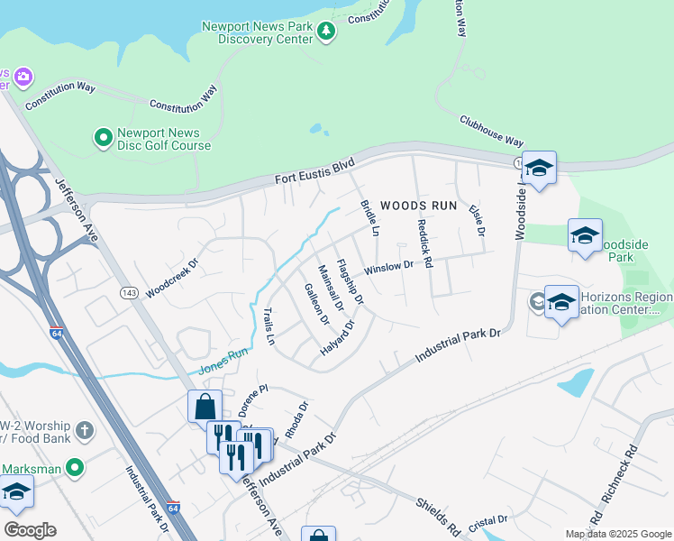 map of restaurants, bars, coffee shops, grocery stores, and more near 739 Flagship Drive in Newport News