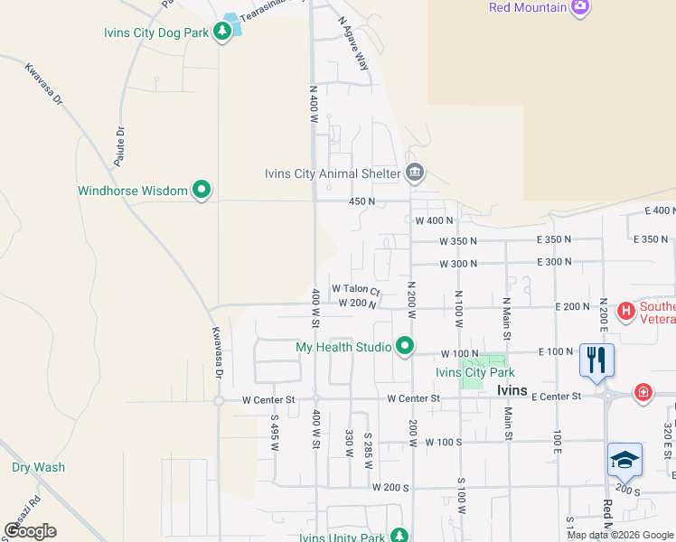map of restaurants, bars, coffee shops, grocery stores, and more near 278 North Falcon Court in Ivins