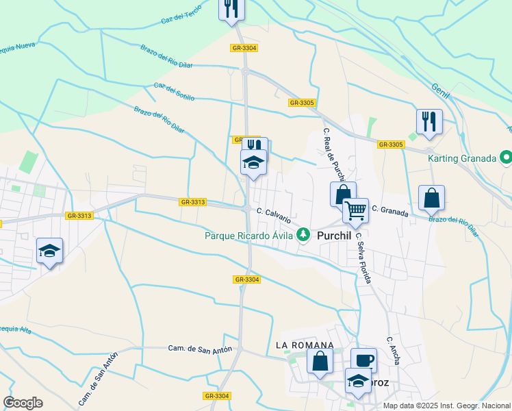 map of restaurants, bars, coffee shops, grocery stores, and more near 64 Calle Calvario in Purchil