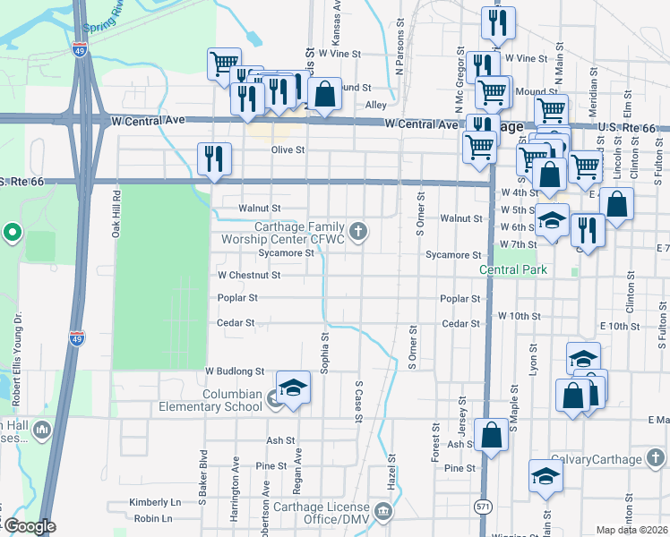 map of restaurants, bars, coffee shops, grocery stores, and more near 827 W Chestnut St in Carthage