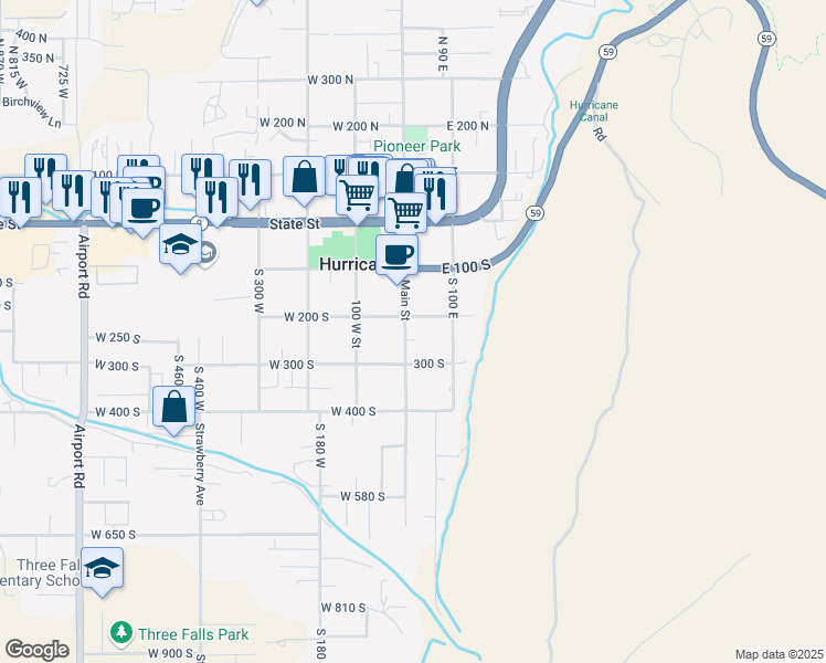 map of restaurants, bars, coffee shops, grocery stores, and more near 231 Main Street in Hurricane