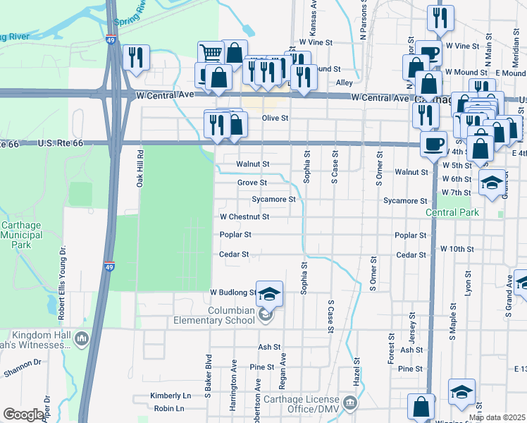 map of restaurants, bars, coffee shops, grocery stores, and more near 1033 W Chestnut St in Carthage
