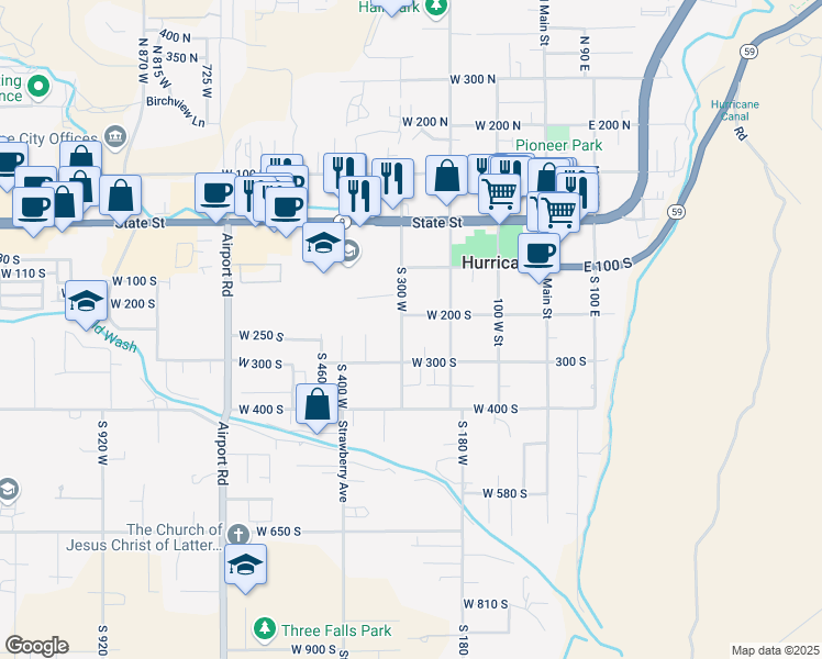 map of restaurants, bars, coffee shops, grocery stores, and more near 297 W 200 S in Hurricane