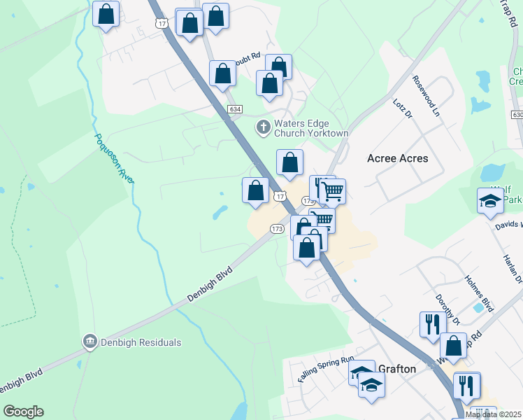 map of restaurants, bars, coffee shops, grocery stores, and more near 2849 Denbigh Boulevard in Yorktown
