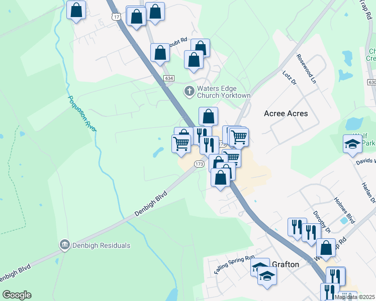 map of restaurants, bars, coffee shops, grocery stores, and more near 2849 Denbigh Boulevard in Yorktown