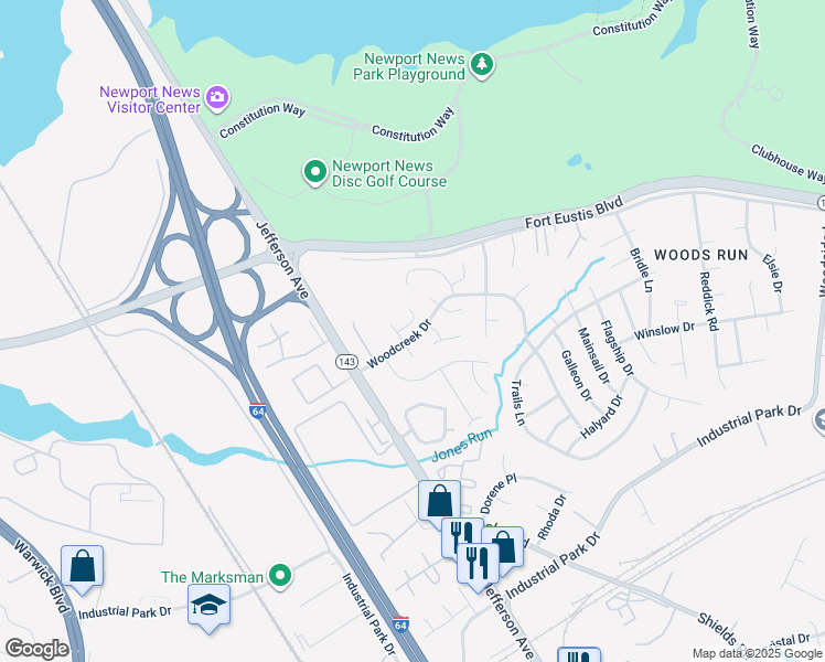 map of restaurants, bars, coffee shops, grocery stores, and more near 804 Pine Tree Court in Newport News