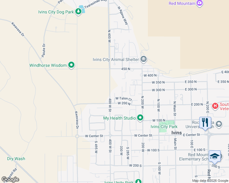 map of restaurants, bars, coffee shops, grocery stores, and more near 266 Falcon Court in Ivins