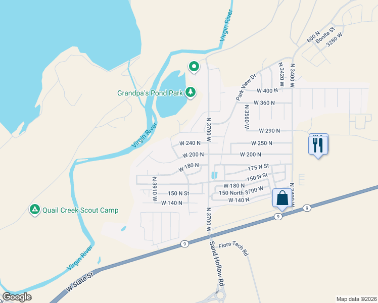 map of restaurants, bars, coffee shops, grocery stores, and more near 3800 West 200 North in Hurricane