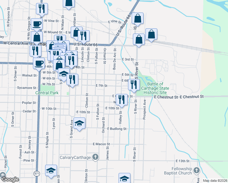 map of restaurants, bars, coffee shops, grocery stores, and more near 731 East Chestnut Street in Carthage