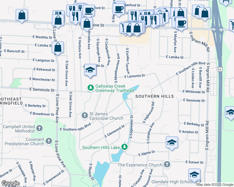 map of restaurants, bars, coffee shops, grocery stores, and more near 2222 South Meadowview Avenue in Springfield