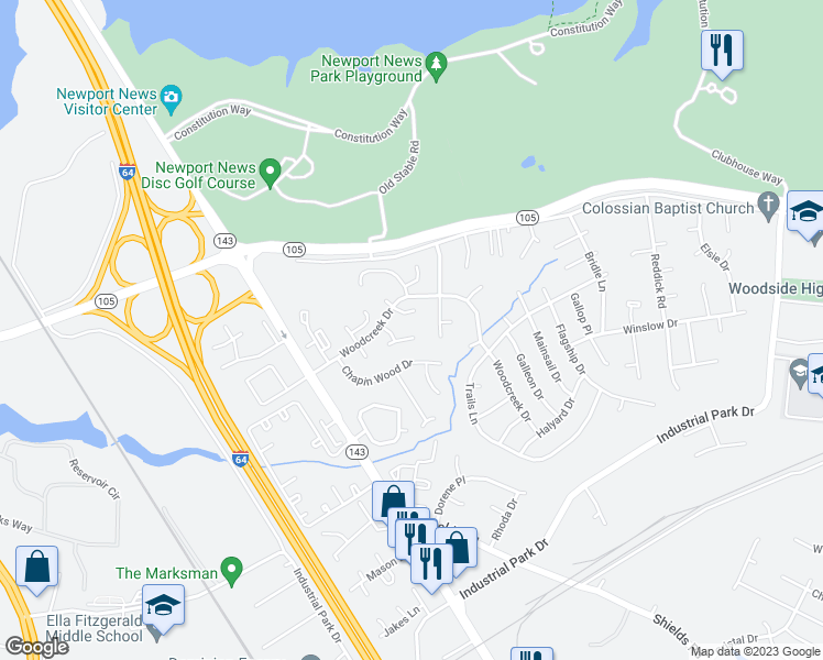 map of restaurants, bars, coffee shops, grocery stores, and more near 815 Pine Tree Court in Newport News