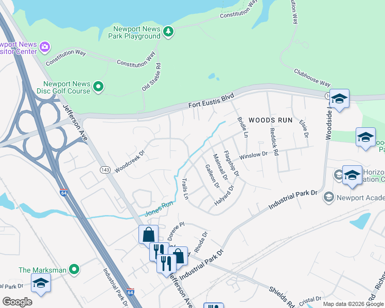 map of restaurants, bars, coffee shops, grocery stores, and more near 735 Trails Lane in Newport News
