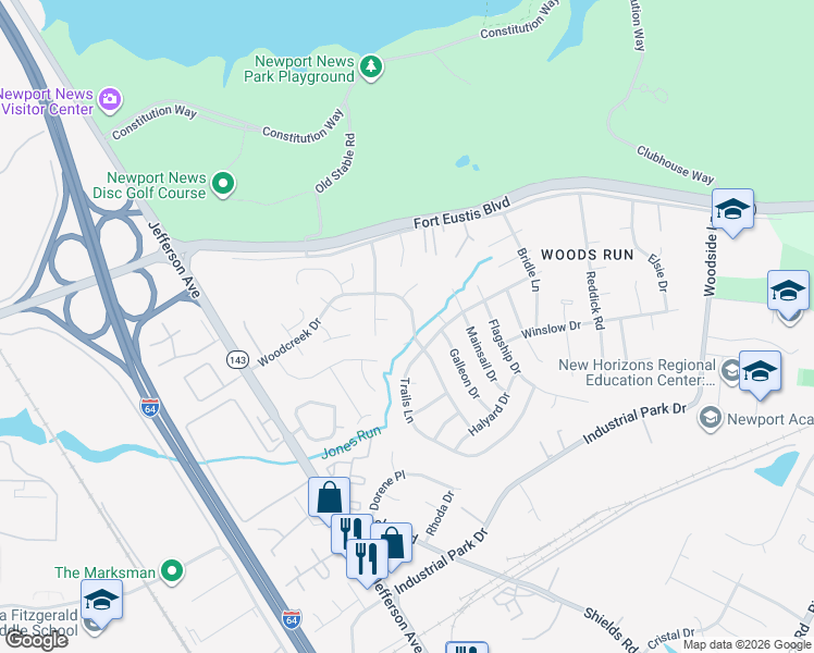map of restaurants, bars, coffee shops, grocery stores, and more near 705 Topsider Court in Newport News