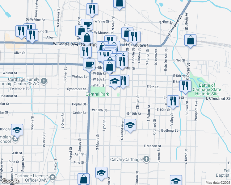 map of restaurants, bars, coffee shops, grocery stores, and more near 700-798 South Main Street in Carthage
