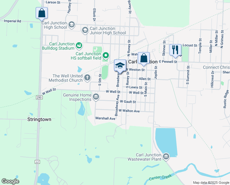 map of restaurants, bars, coffee shops, grocery stores, and more near Broadway in Carl Junction