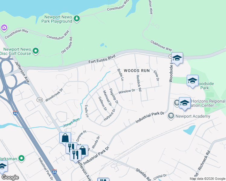 map of restaurants, bars, coffee shops, grocery stores, and more near 734 Flagship Drive in Newport News