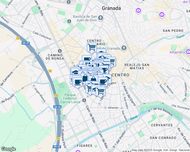 map of restaurants, bars, coffee shops, grocery stores, and more near S/N Plaza de Gracia in Granada