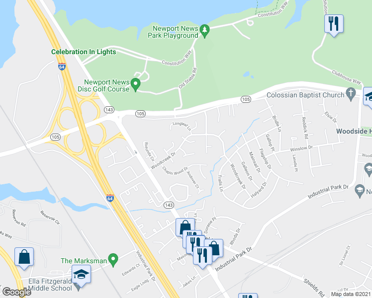 map of restaurants, bars, coffee shops, grocery stores, and more near 805 Pine Tree Court in Newport News