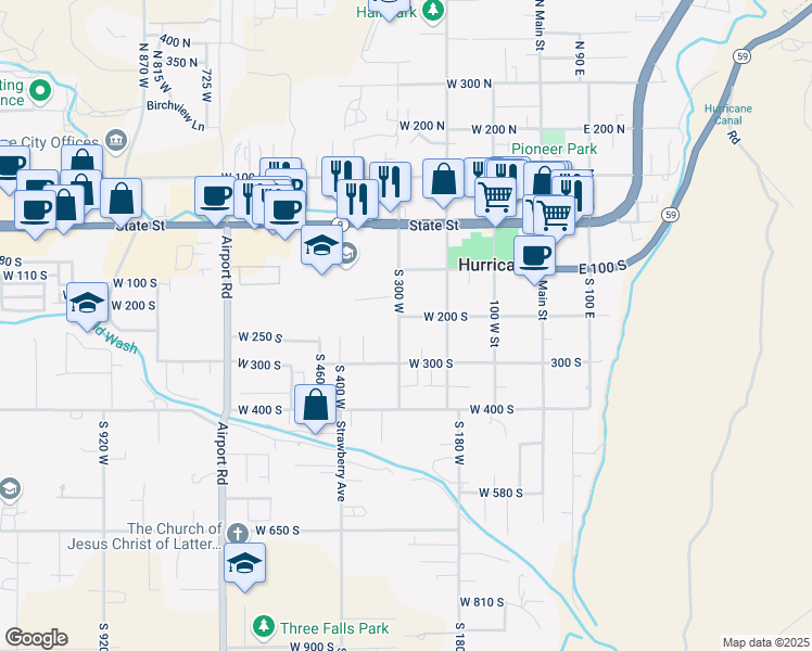 map of restaurants, bars, coffee shops, grocery stores, and more near 297 W 200 S in Hurricane