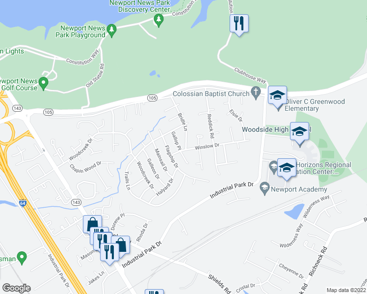 map of restaurants, bars, coffee shops, grocery stores, and more near 771 Winslow Drive in Newport News