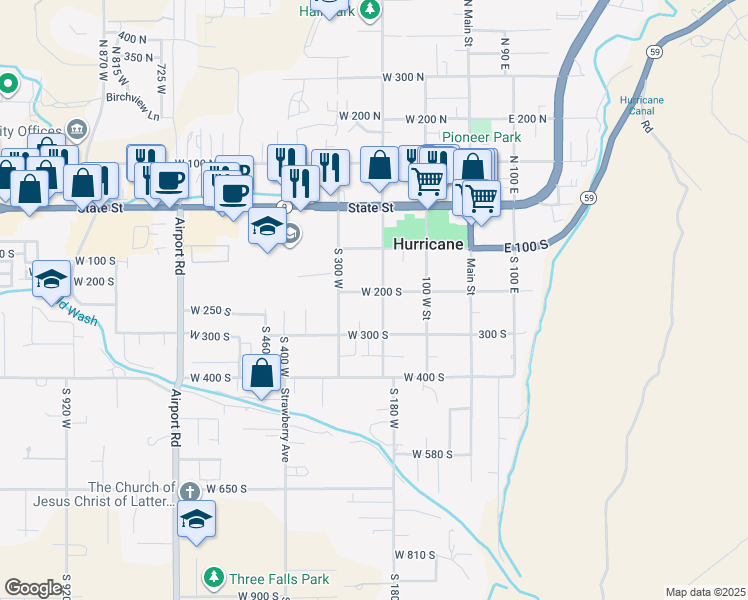 map of restaurants, bars, coffee shops, grocery stores, and more near 209 West 200 South in Hurricane