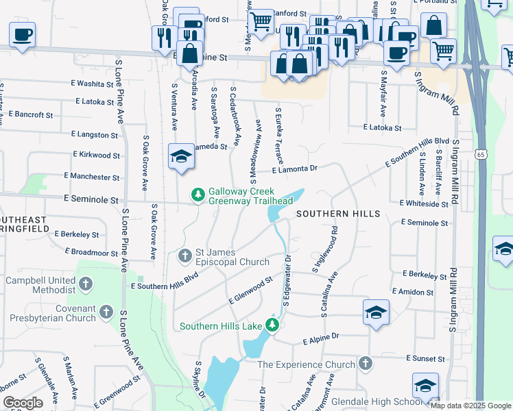 map of restaurants, bars, coffee shops, grocery stores, and more near 2222 South Meadowview Avenue in Springfield