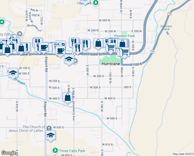 map of restaurants, bars, coffee shops, grocery stores, and more near 209 West 200 South in Hurricane