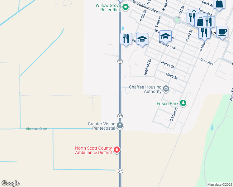 map of restaurants, bars, coffee shops, grocery stores, and more near 11707 Missouri 77 in Chaffee