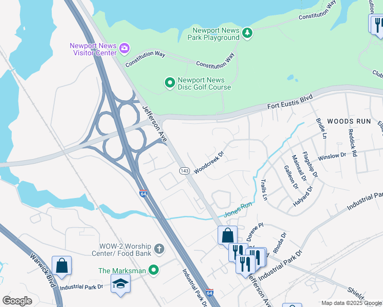 map of restaurants, bars, coffee shops, grocery stores, and more near 205 Rotunda Circle in Newport News