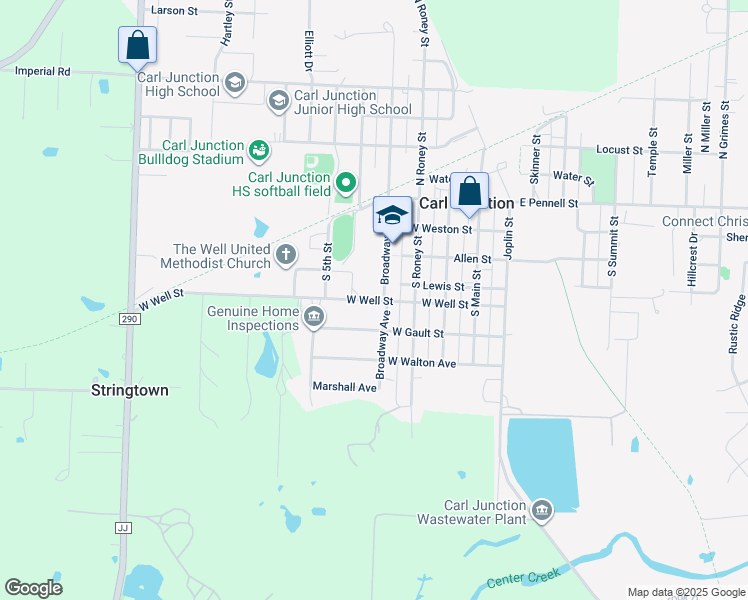 map of restaurants, bars, coffee shops, grocery stores, and more near Broadway in Carl Junction